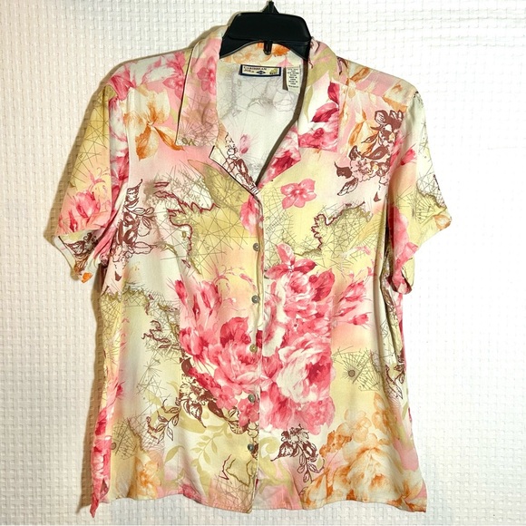 Caribbean Joe Tops - Caribbean Joe Silk Blend Floral Button Tropical Top Soft Womens L SLIM FIT